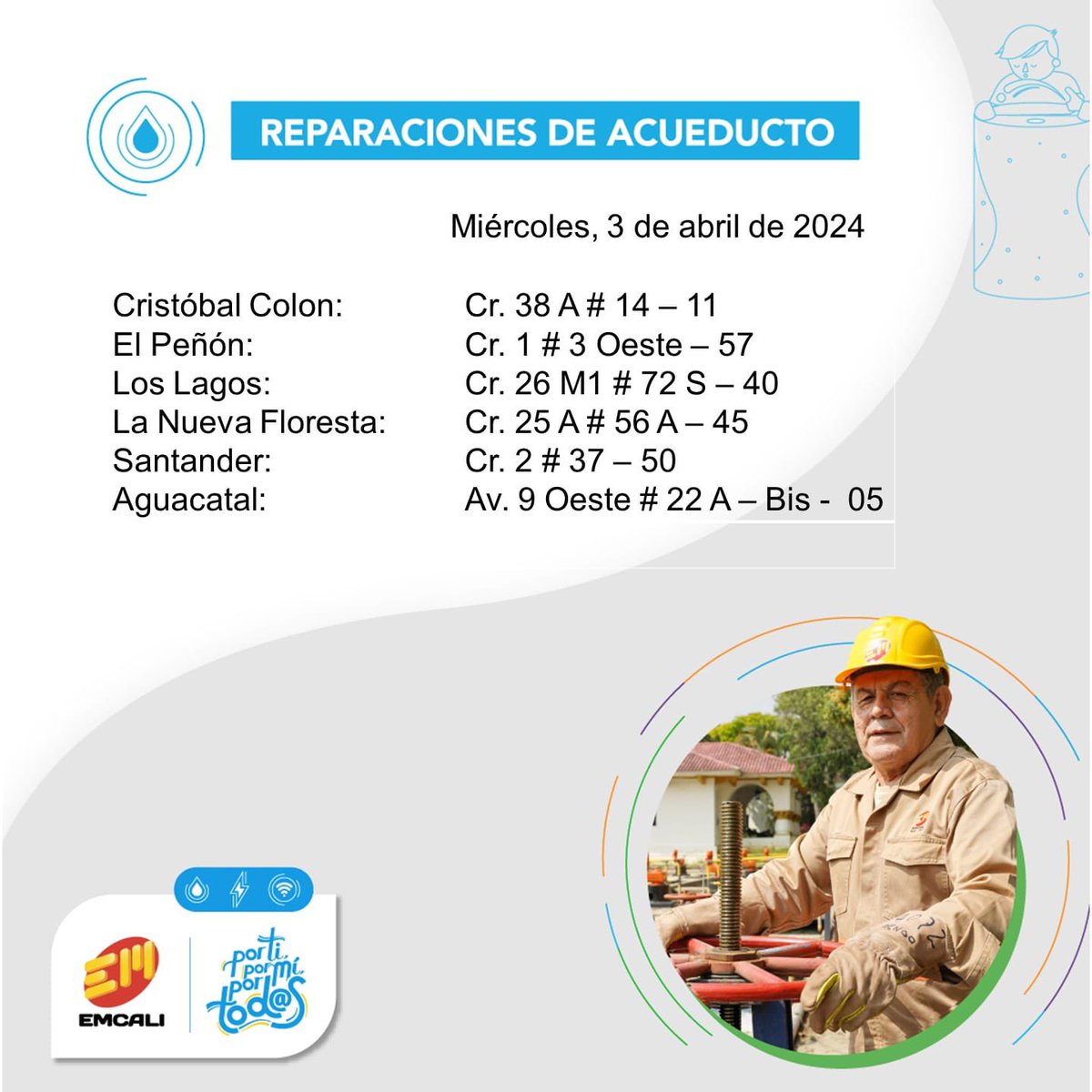EMCALIoficial's tweet photo. Buenos días, 
Enviamos la relación de los trabajos que se adelantan en la ciudad hoy, Miércoles 03 de abril. https://t.co/sHad51RwIV