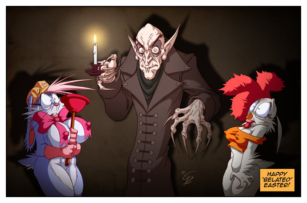 Finally, the 2024 edition of my Easter comic starring Esther B. &amp; Choo-Choo!🐰🪠🐔

A little late, I know... but I've had to deal with so many blackouts over the last weeks that it seems to have affected this duo's universe. Literally.🕯️👀 