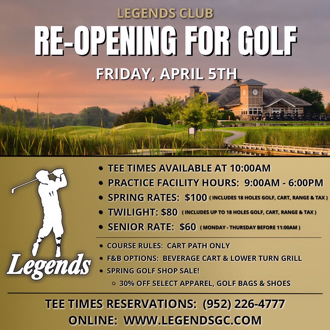 Let’s Play Golf! Legends Club Will Be Open For Golf this Friday, April 5th. Book Your Tee Time Today!