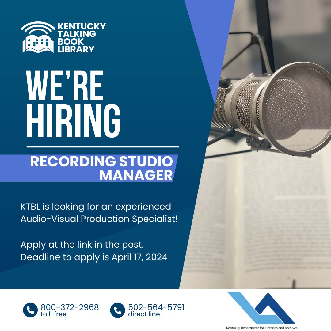 The Kentucky Talking Book Library is looking for a Recording Studio Manager! This person will be responsible for training and managing volunteers, recording and editing Talking Books, and more. Visit kypersonnelcabinet.csod.com/ats/careersite… to apply.