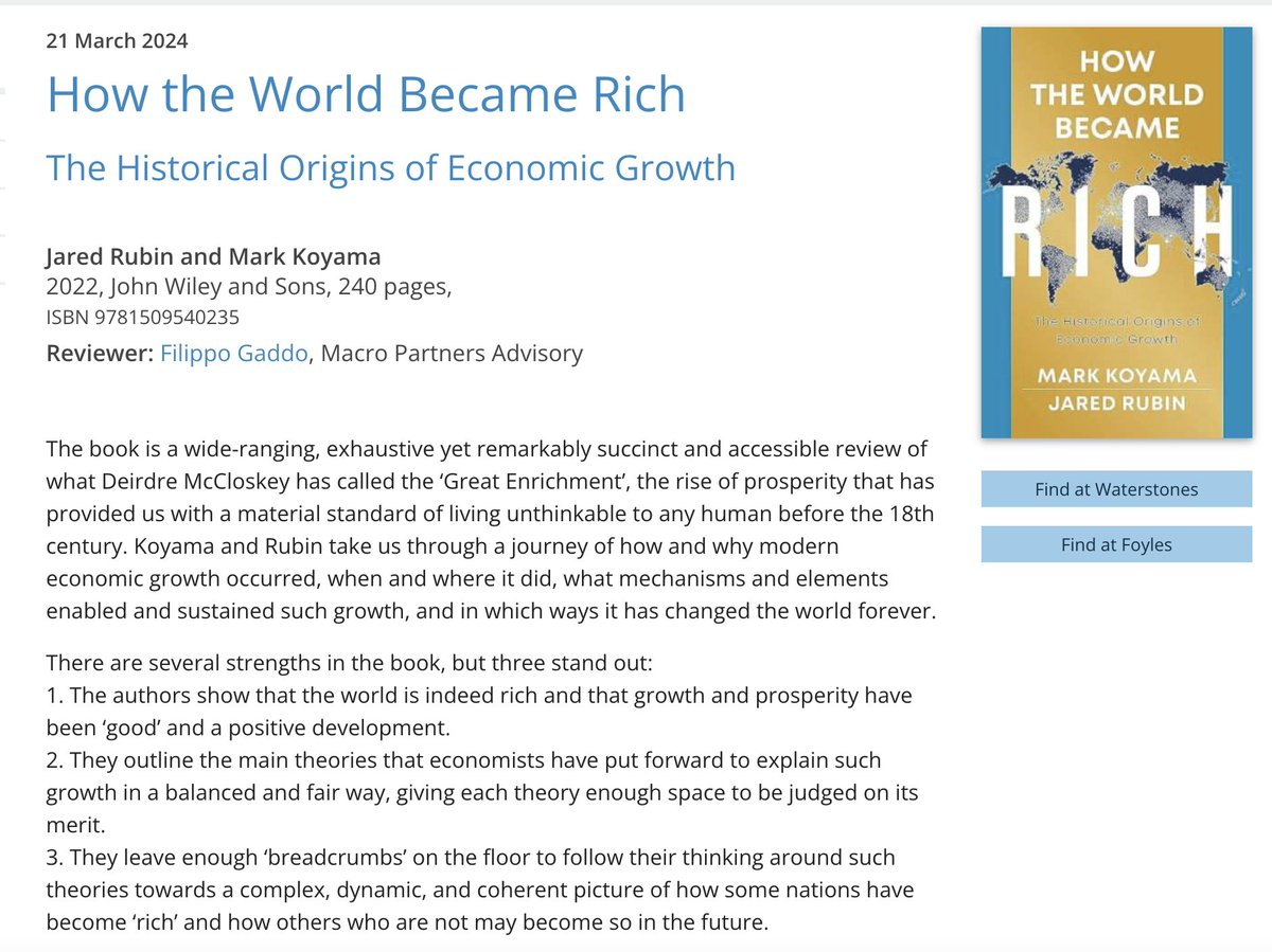 Thanks to @fgaddo for his generous and insightful review of How the World Became Rich (w/@jaredcrubin). He does a great job of both summarizing the book and 'getting' what are trying to do in the book!