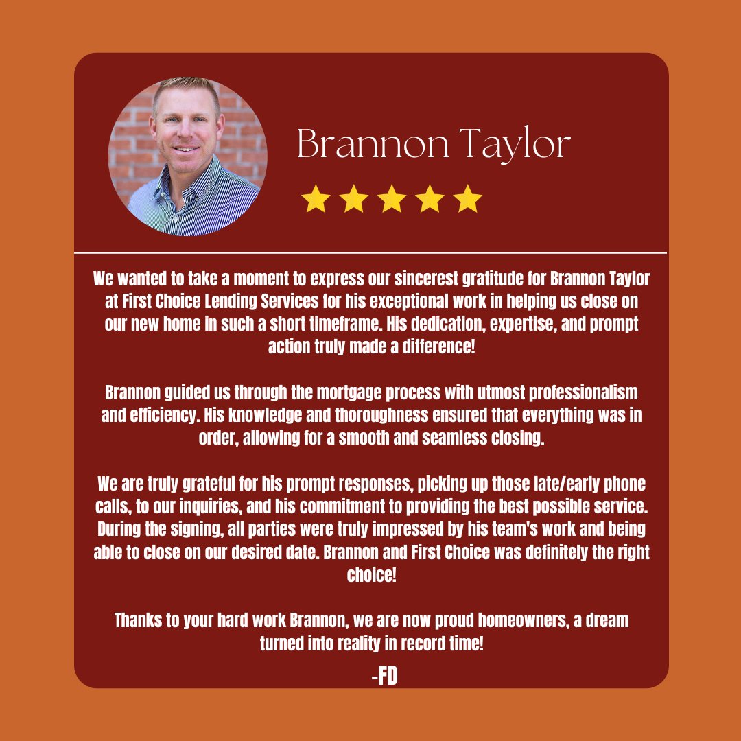 Awesome job Brannon Taylor- Loan Officer at First Choice Lending Services NMLS #36380 on an amazing 5 star review from your client!! ✨

#buyahome #buyahouse #mortgagebroker #Tennessee