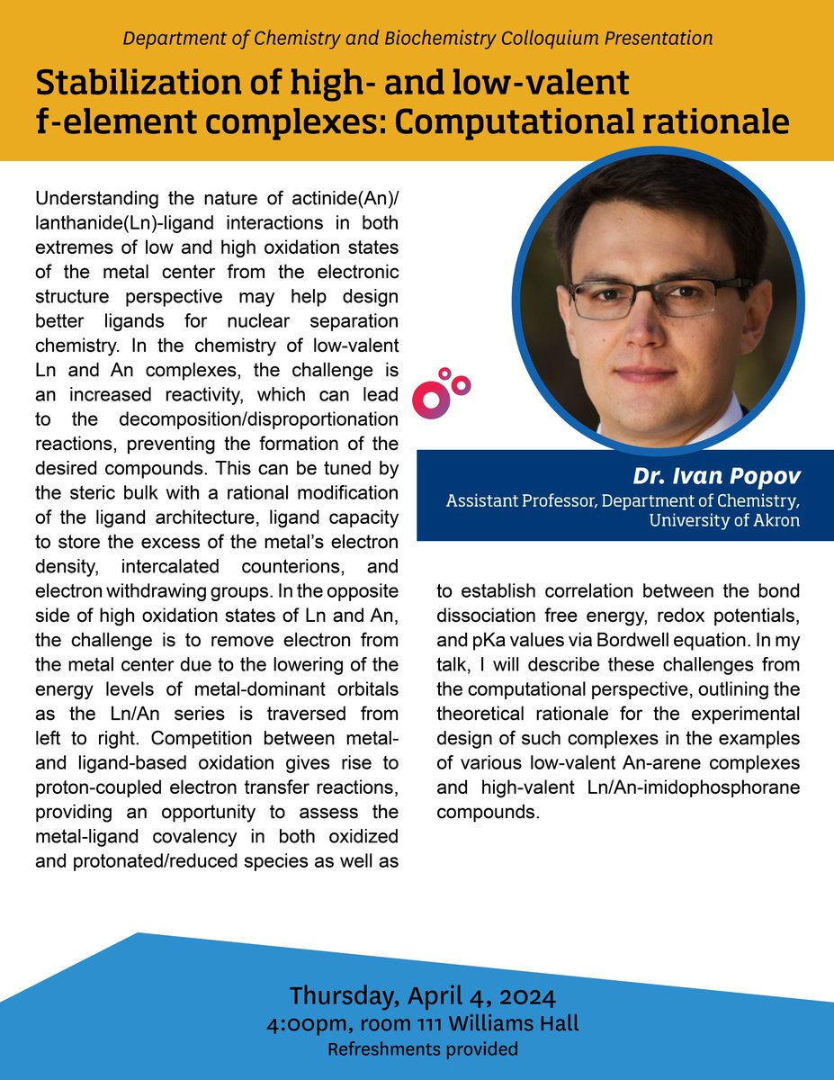 Join us for tomorrow's colloquium, presented by Dr. Ivan Popov (U. of Akron). This will begin at 4:00pm in 111 Williams Hall, and refreshments will be available starting at 3:45.