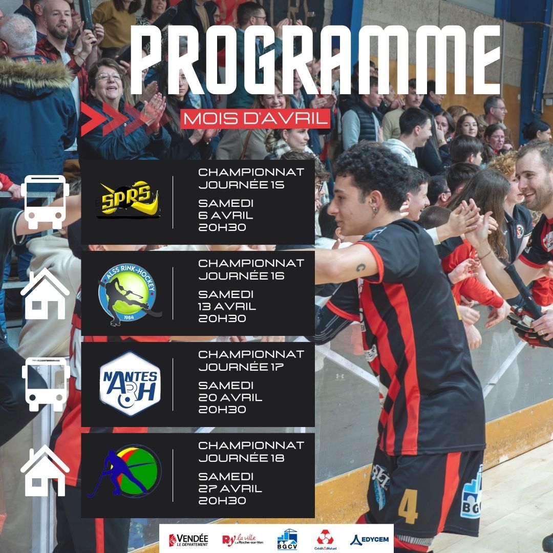 𝗣𝗥𝗢𝗚𝗥𝗔𝗠𝗠𝗘 𝗗'𝗔𝗩𝗥𝗜𝗟  
Quatre journées de championnat ce mois-ci pour nos rouges et noirs avec pour l'objectif de recoller en haut du classement ! 😤 
Nous recevrons Saint Sébastien et Dinan Quévert à domicile, nous vous attendons nombreux 📷📷

ALLEZ 🔴⚫️