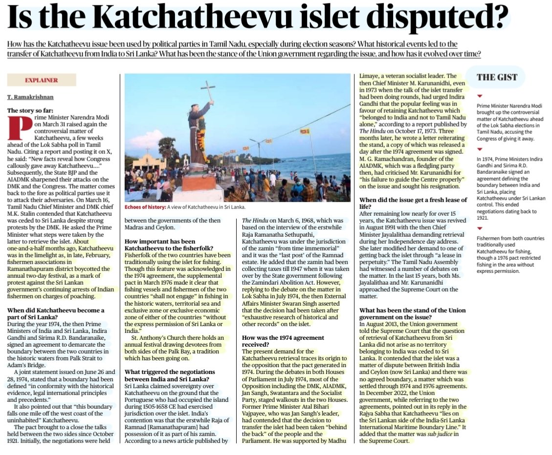#KatchatheevuIssue

'Is the Katchatheevu islet disputed?'

:Explained by Sh T. Ramakrishnan
@Rama_Krishnan 

#Katchatheevu #KatchatheevuIsland #WadgeBank 
#India #SriLanka
#Fishing 
#DMK #Congress #BJP 
#TamilNadu
#History #politics #Diplomacy

#UPSC 

Source: TH