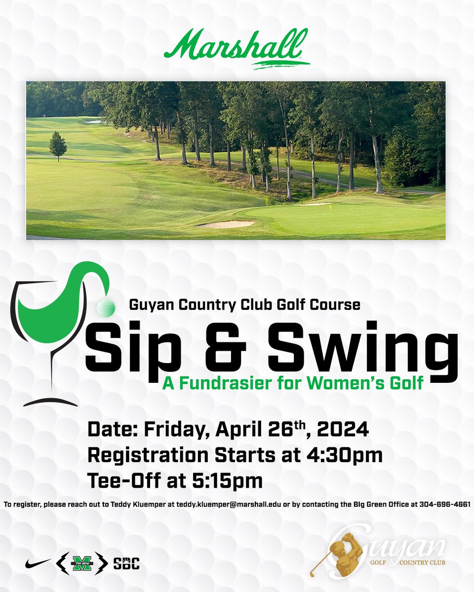 Sip and Swing! 🍷⛳️ It’s almost time for the Herd Women’s Golf Sip and Swing fundraiser! Want to participate? Email Teddy Kluemper at teddy.kluemper@marshall.edu. Can’t make it? Donate today! 🤍: bit.ly/SupportMarshal… #WeAreMarshall