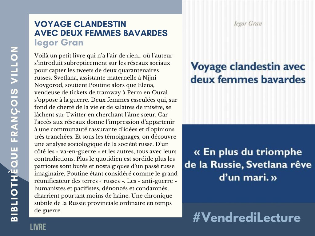 Une nouvelle critique d’Élisabeth : Voyage clandestin avec deux femmes bavardes, de Iegor Gran paru aux @editionsPOL en 2023 bibliotheques.paris.fr/Default/doc/SY… #VendrediLecture