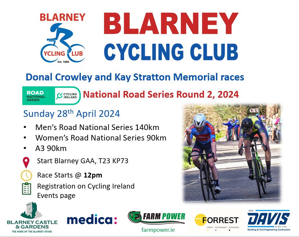 Event link: eventmaster.ie/event/rkeoSPmS…

Sign On: 10am 
Start Time: 12pm 
Event HQ: Blarney GAA Complex T23 KP73 

Mens RNS #2, 140km Strava Link: strava.com/routes/3068680…  
Ladies RNS #2 &amp; A3 
Distance:90km 
Strava Link: strava.com/routes/3068681…

#NRS #Round2