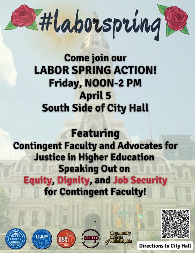 Attention Philly: this Friday 12-2, come out to a Labor Spring rally at City Hall! Hear from members of 8 local unions including @TAUP, @UAPhilly, @FSFCCP, @aaup_penn and more on the fight for equity, dignity, and job security for contingent faculty