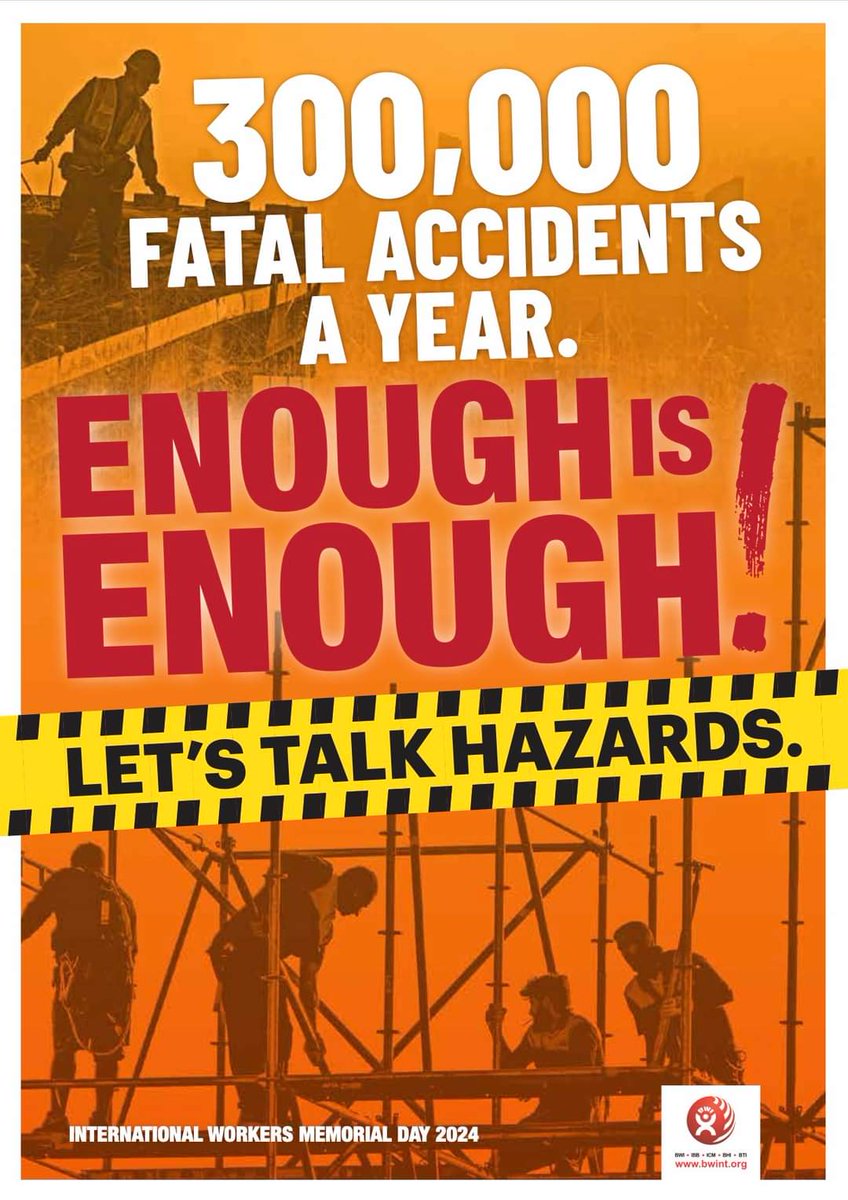 Join us this International Workers' Memorial Day 2024 as we say: ENOUGH IS ENOUGH!—LET'S TALK ABOUT HAZARDS. Remember the fallen, advocate for workers' rights, and make workplaces safer. #IWMD2024 Join the campaign. ⬇️ bwint.org/cms/call-to-ac…