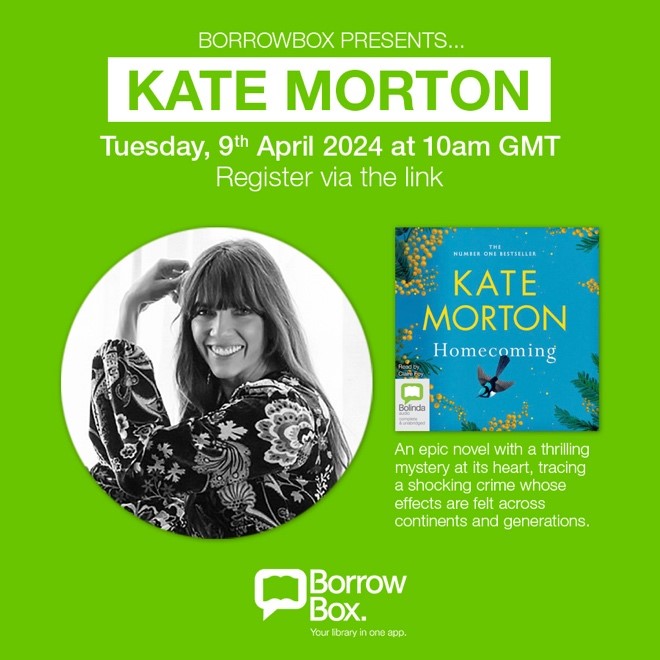 Join an exclusive Q&A with Kate Morton, the award-winning and worldwide bestselling author of Homecoming on Tuesday 9th April. Sign up to this FREE online event, hosted by @BorrowBox via this link rb.gy/c3jzbz