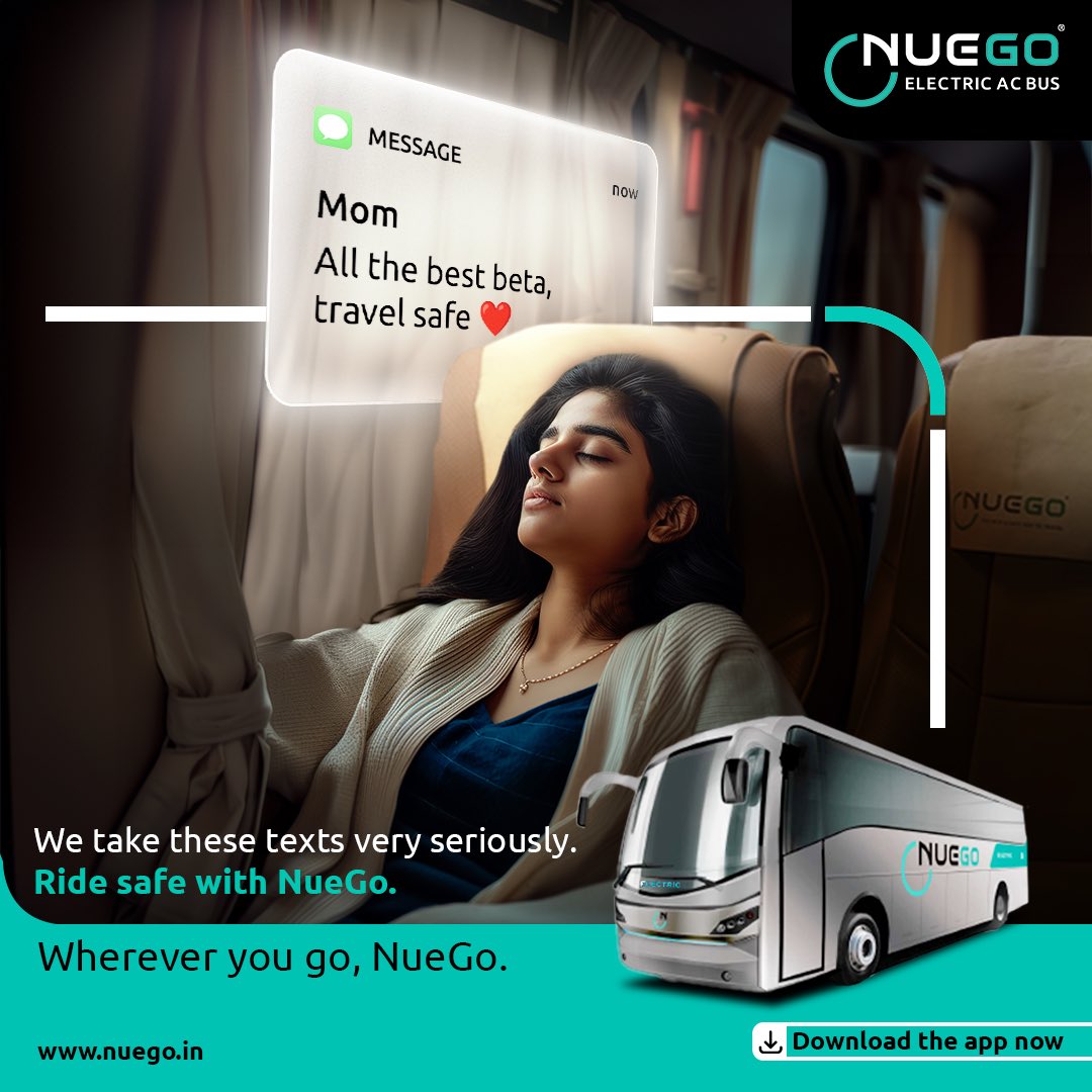 NueGo cares for you, always. ❤️

Download the NueGo app, and book your tickets now. 
Link in bio.

#nuego #nuegoindia #nuegoelectricbuses #intercitytravel #comfortabletravel #traveling #womenconcerns #worries #tension #womensafety #womenempowerment #safety #travelsafely