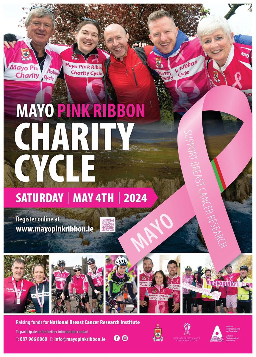 Time to get pedalling ! 🚴‍♀️🚴🏾‍♀️🚴‍♂️ Join us for The @MayoPinkRibbon charity cycle on May 4th 2024 and support National Breast Cancer Research institute Register now: mayopinkribbon.ie #MayoPinkRibbon #CharityCycle #CyclingCommunity