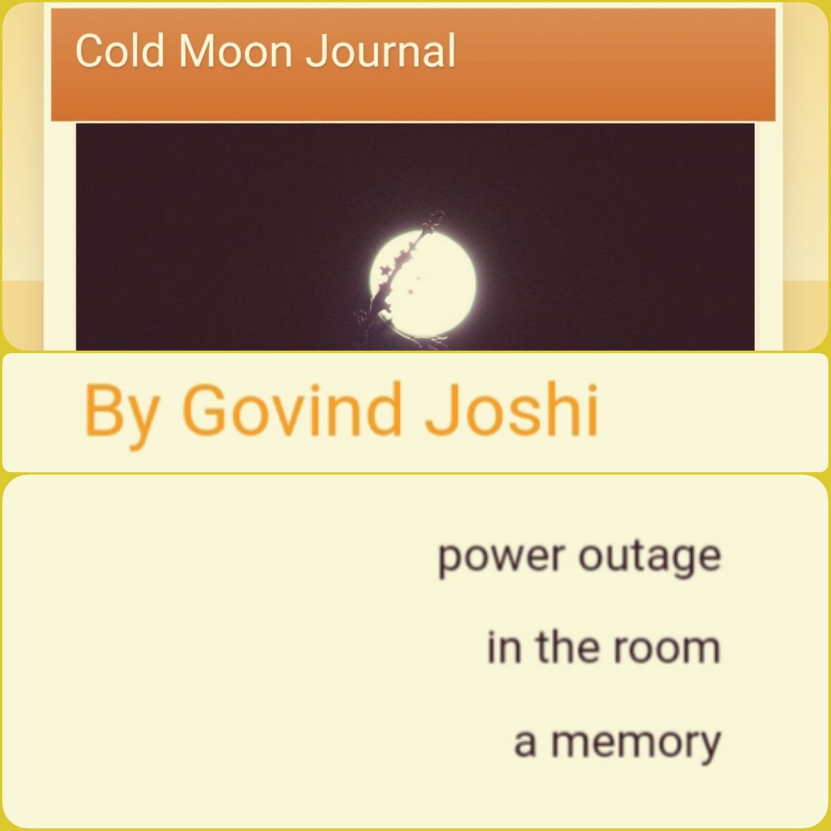 Gjoshi64's tweet photo. Many thanks Editor Robin Jacobson (@beach_haiku) for including my haiku in the Cold Moon Journal - March 2024.
https://t.co/lM1xQT9Bva
#ColdMoonJournal #Power #Room #Memory
#Haiku #Senryu #ThePlumBlossoms https://t.co/OqUHYkS1aW