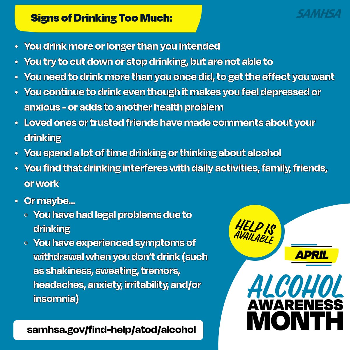 Do you know the signs of drinking too much? These are some of the signs that may mean someone is drinking too much. If you’re concerned that you or a friend may be struggling, there are resources available to help: samhsa.gov/find-help/atod… #AlcoholAwarenessMonth