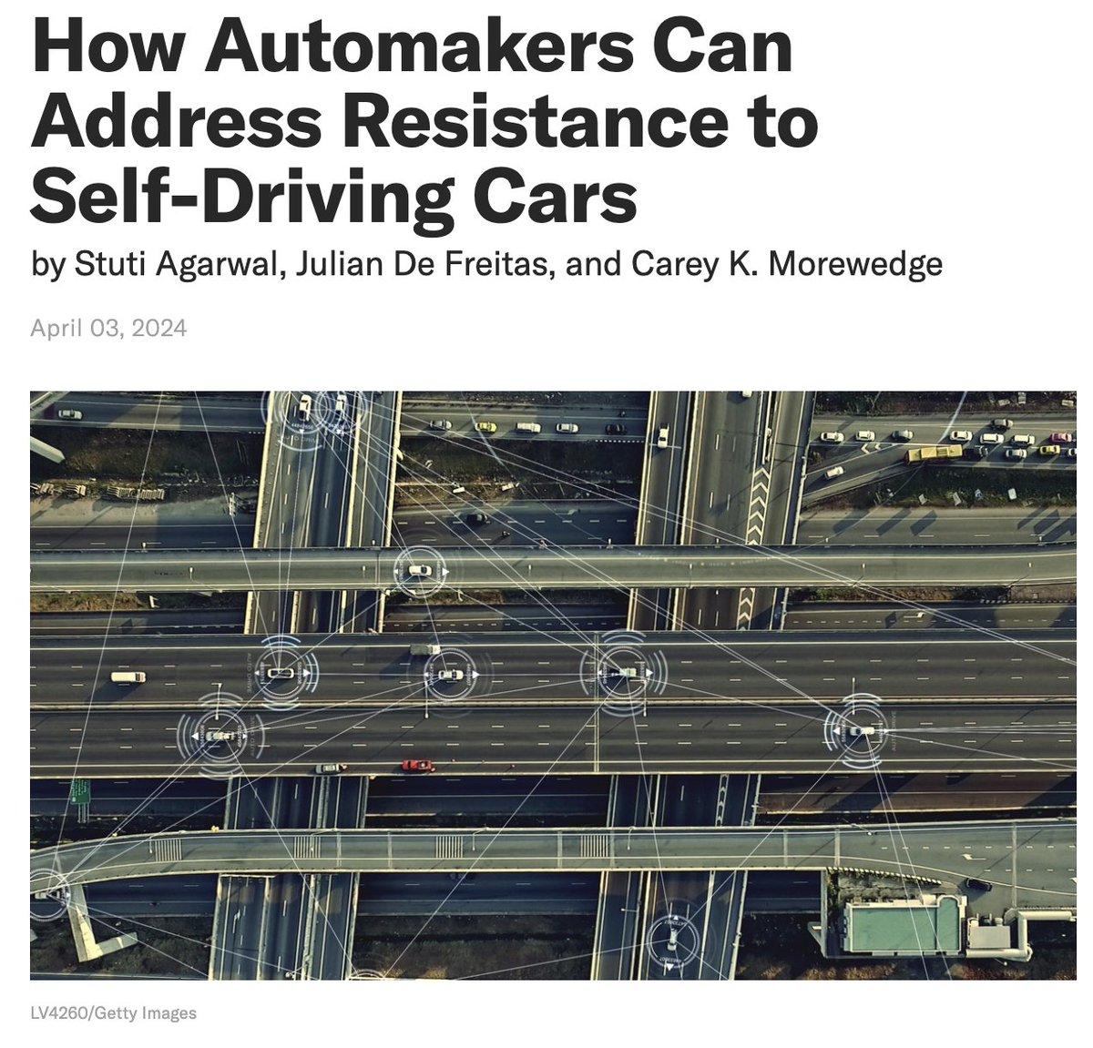 Feel like others could benefit from self-driving cars, but you don't need one? You're not alone. In @HarvardBiz, Stuti Agarwal, @JulianDeFreitas, and I unpack our research that shows how self-serving bias could slow the adoption of autonomous vehicles. hbr.org/2024/04/how-au…?