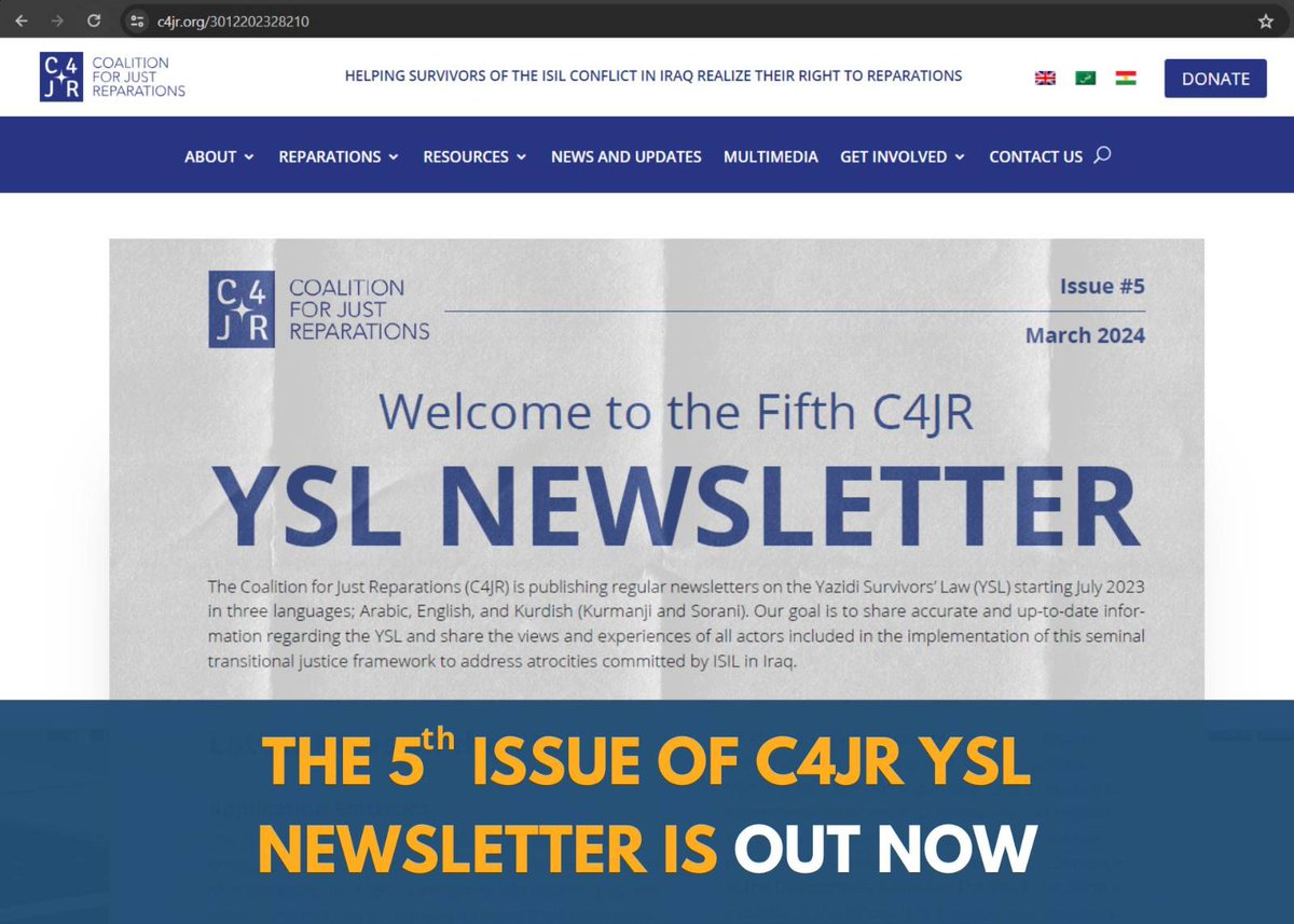 📩 Read the latest C4JR #YSL newsletter!✍️

With the support of @IOMIraq, C4JR is publishing regular newsletters on the Yazidi Survivors Law in three languages. Check out the fifth newsletter now, in #English, #Arabic, and #Kurdish (Sorani and Kurmanji) ➡️ c4jr.org/0304202428671