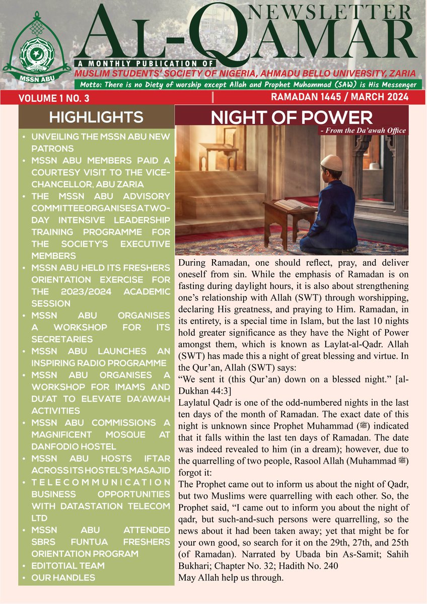 mssnabuonline's tweet photo. The latest edition of Al-Qamar Newsletter, a monthly publication of the Muslim Students' Society of Nigeria, Ahmadu Bello University Zaria (March 2024/Ramadan 1445)
#mssnabu #mssnabuonline #alqamar #alqamarnewsletter https://t.co/ZhP0zr5N0L