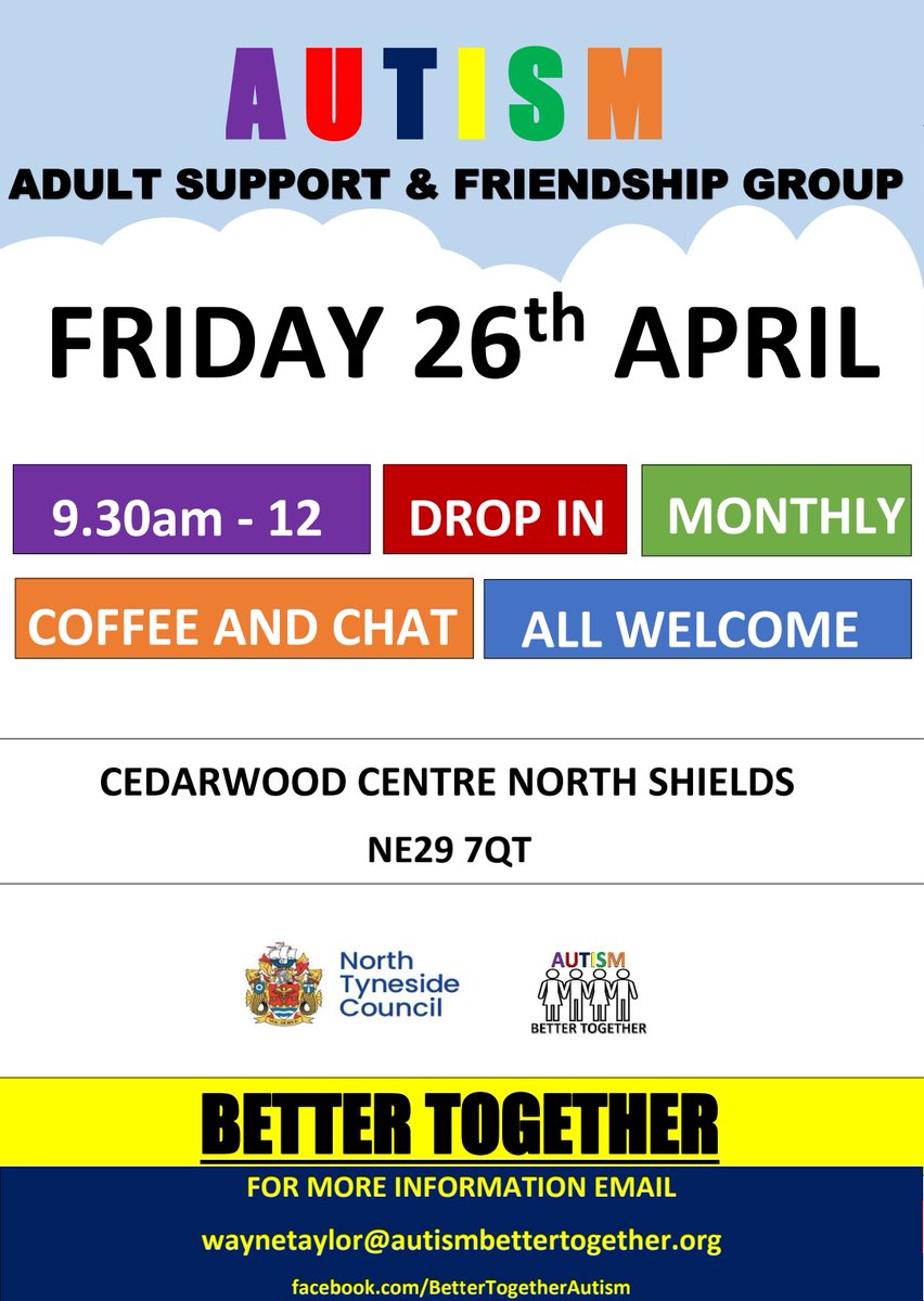 Later this month The Autism Better Together group is opening a new group at the Cedarwood Centre in North Shields 📢👇 It's the third group to open in the borough, joining the monthly sessions that run at Wallsend Customer First Centre and the Oxford Centre.