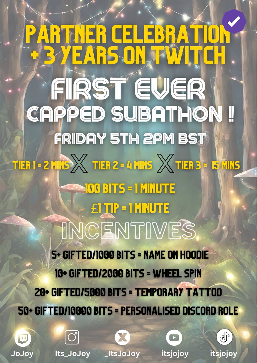 _ItsJoJoy's tweet photo. 🔥FIRST EVER CAPPED SUBATHON!!🔥
💜Celebrating Twitch PARTNER and 3 Year Twitch ANAVERSARY!!💜

Starting Friday 5th 2pm BST!!

Last week we finally achieved a dream come true and we reached Twitch Partner! 4th April also marks 3 whole years on twitch!! 🥳

So we're going to celebrate in style! 

See poster below for all the deets! I'm nervous and excited to be going this, Get ya cute booties in, Its going to be a crazy weekend of fun, chaos and gaming! 

I'll be bringing back some old school games from my first year on twitch along with some new games I've never played before!! 

https://t.co/W0kx97p0ux