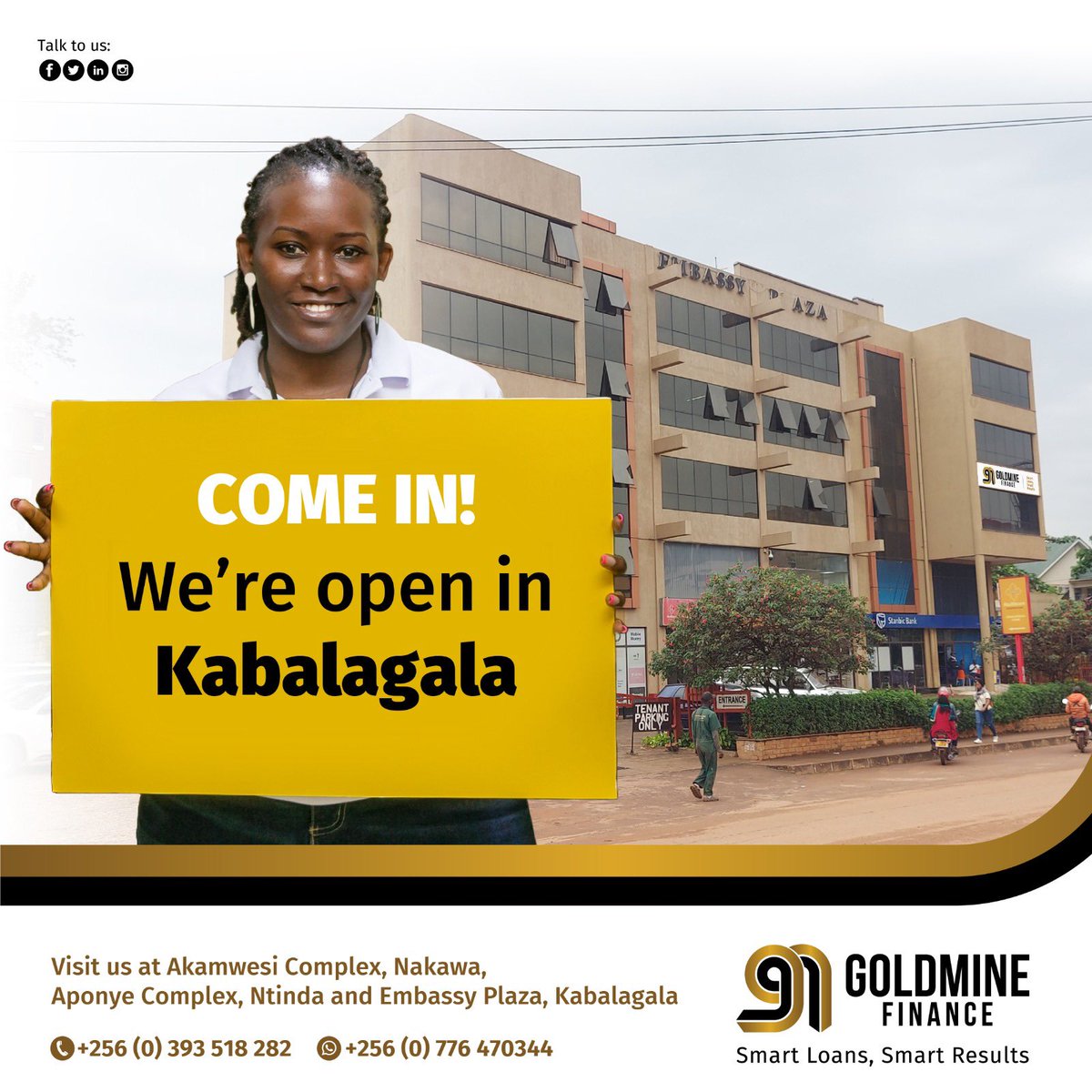 We are officially launching our new branch in Kabalagala today. You’re welcome to pop in, starting tomorrow. #GoldmineFinance #NewBranch #SmartLoansSmartResults