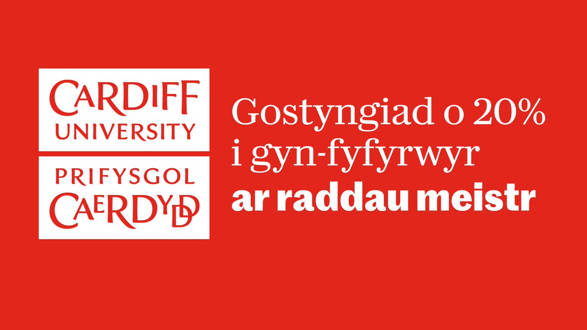 Gall graddedigion Prifysgol Caerdydd nawr gael gostyngiad o 20% mewn ffioedd dysgu ar raddau Meistr. Mae'r gostyngiad yn berthnasol i bob gradd Meistr amser llawn a rhan-amser sy’n cael eu haddysgu ar y campws. ℹ️ cardiff.ac.uk/cy/study/postg…