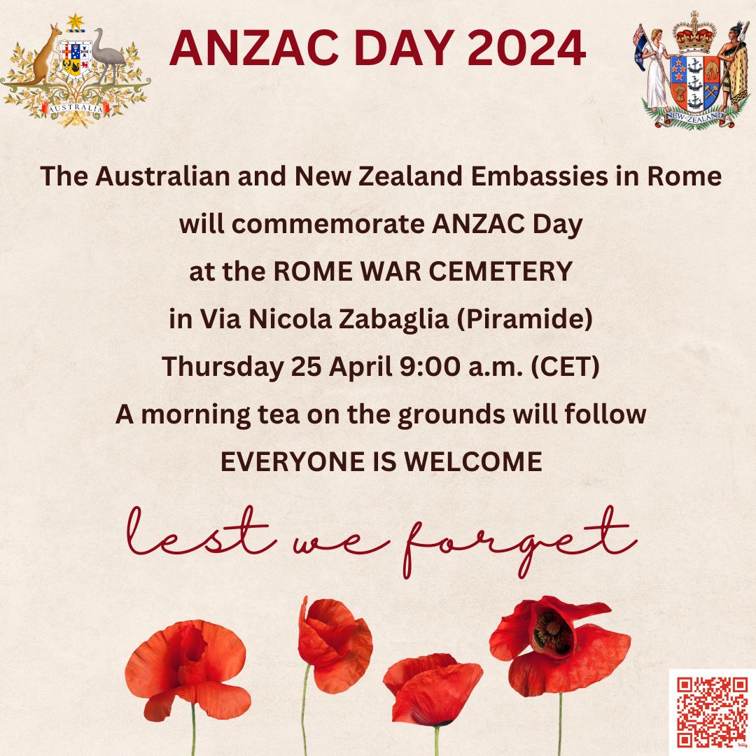 On Thursday 25 April, together with colleagues from @NZinRome, we will commemorate #AnzacDay at the Rome War Cemetery. Wherever you are, ANZAC Day is a time of personal reflection and an opportunity to show our respect for those who have served, and those who continue to serve.