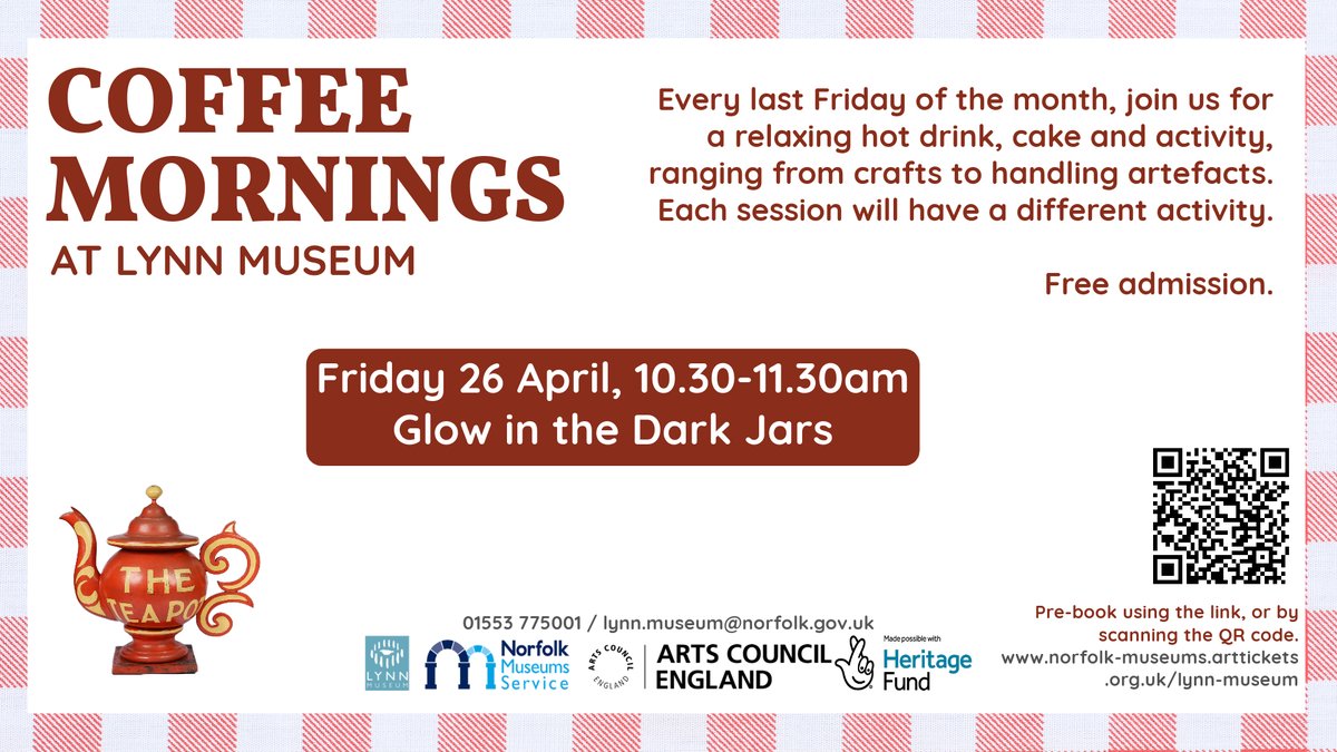 ☕️ Our Coffee Morning is next Friday 26 April, 10.30-11.30am! ☕️ Come into Lynn Museum and enjoy a hot drink, a sweet treat and have a go at making your own Glow in the Dark Jar decoration ✨ 🎟️ Coffee Morning is free. Book here: tinyurl.com/uncjun57