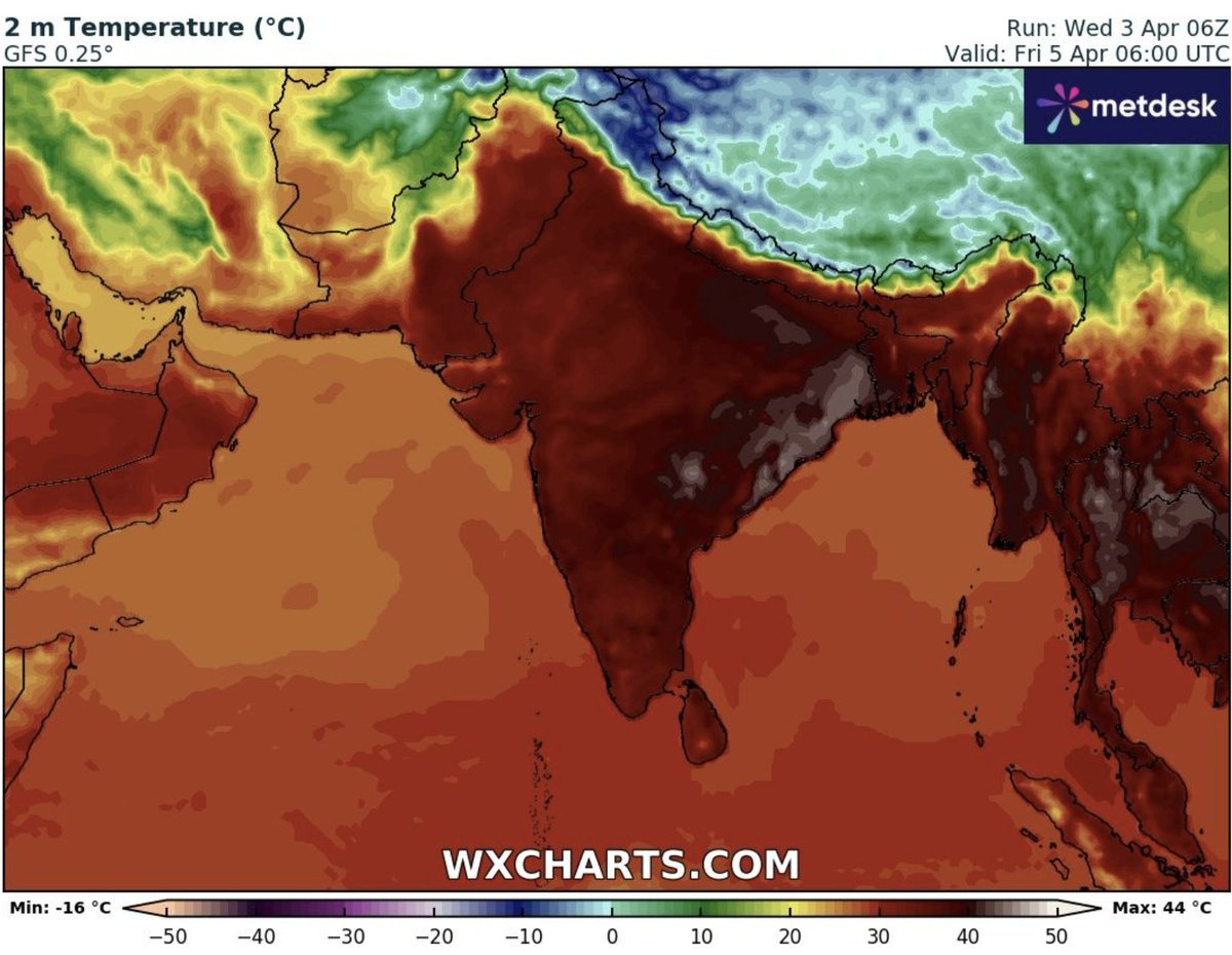 #Heatwave warnings issued for #India. Their Met Dept. has declared the first heatwave conditions of 2024. Several places are likely to suffer from humid heat waves in the next few days. Temps crossing 40C on
the plains. This will push the humanitarian
survivability threshold.