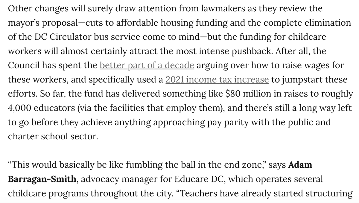 New: Bowser's 2025 budget does exactly what many advocates feared, wiping out a key fund providing raises for childcare workers. The mayor's team blames the CFO for forcing them to move this money elsewhere. Does that leave any hope for its restoration? washingtoncitypaper.com/article/687687…