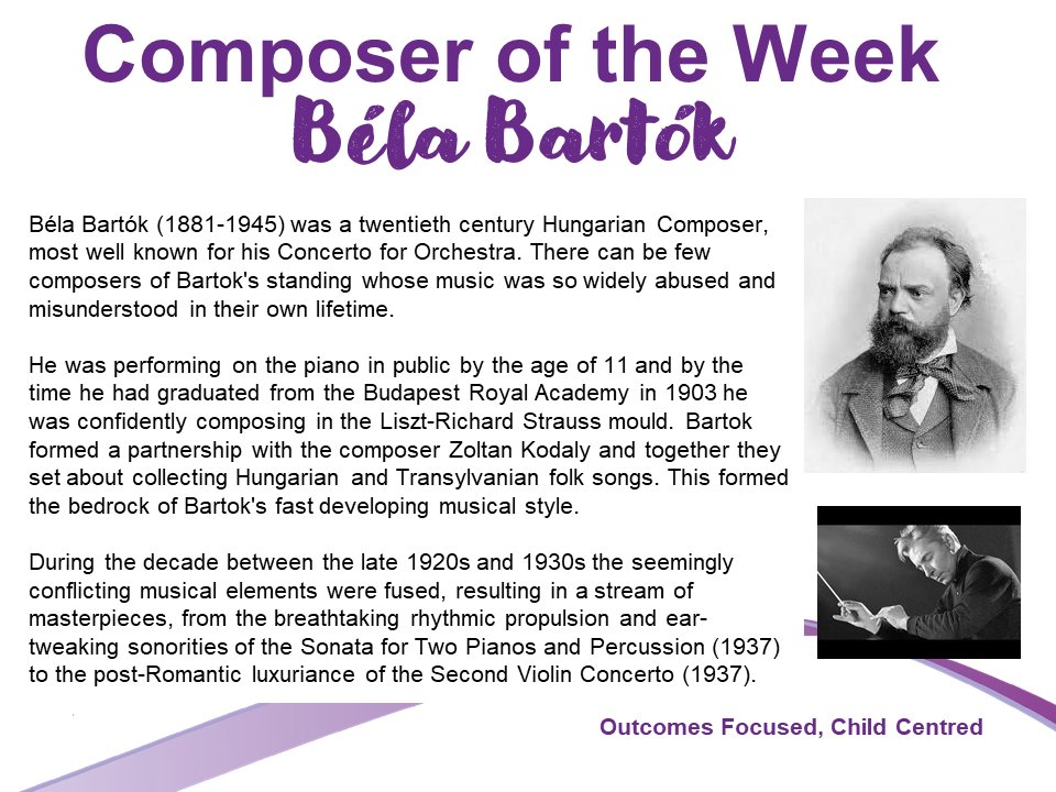 🎼 This week's composer of the week is Bela Bartok.  You can listen to one of his most famous compositions here: youtube.com/watch?v=Z50Ooq…🎼

#composeroftheweek #culturalcapital #wearefreebrough