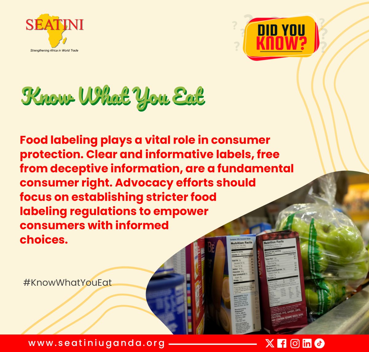 Did you know?

Food labeling plays a vital role in consumer protection. Clear informative labels, free from deceptive information, are a fundermental consumer right.  
#KnowWhatYouEat
