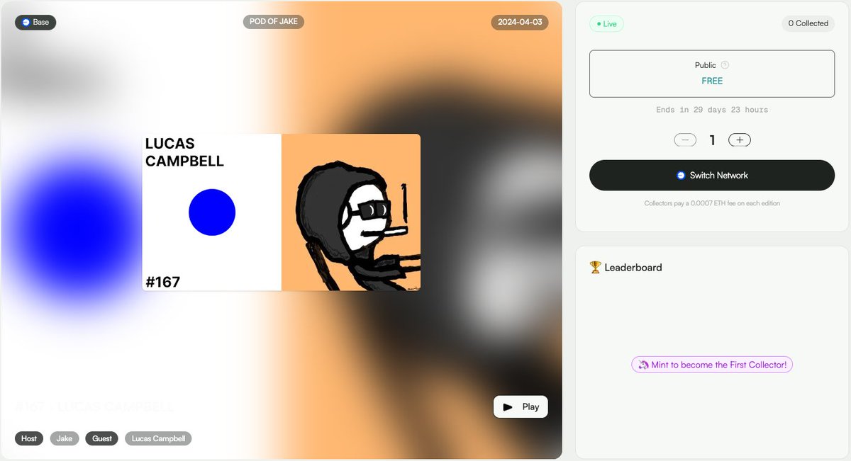 New podcast, with a cool new twist. Mint this episode for free on @base! From now on, you can collect them all. This episode is with @0x_Lucas. His company @collectpods made this possible. Join us in exploring the future of onchain podcasts. Get yours: pods.media/pod-of-jake/16…