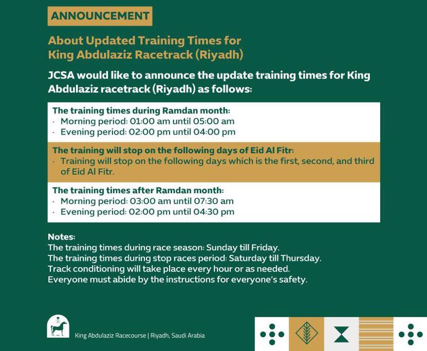 Updated training times after Ramadan month. #SaudiRacing | @JCSAHorsemen