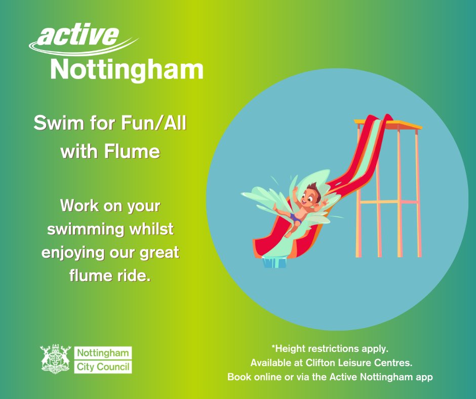 𝗪𝗮𝘁𝗲𝗿 𝗙𝗹𝘂𝗺𝗲 𝗙𝘂𝗻 Get yourself over to Clifton Leisure Centre for their Swim with Fun/All with Flume sessions this #halfterm Book Online: bit.ly/WaterFlumeFun or via the Active Nottingham app #schoolholidays #Swimming #Flume #ActiveNottingham