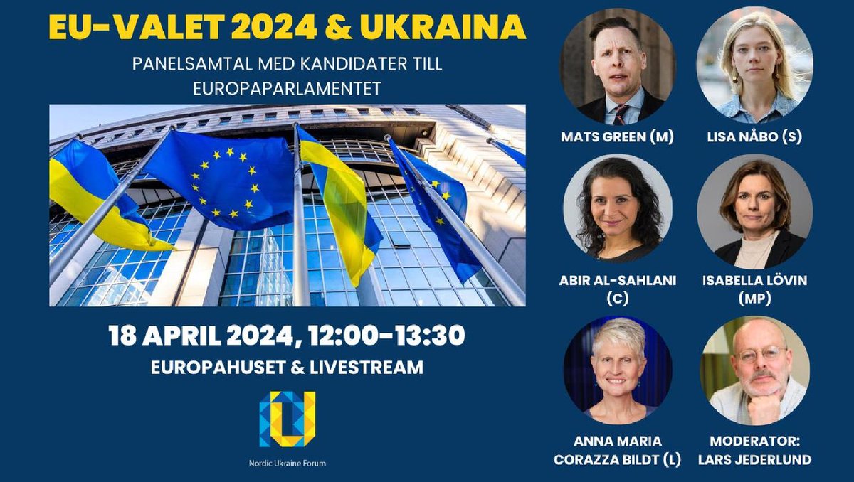 Missa inte lunchseminariet om EU-valet och Ukraina i Europahuset 18 april kl 12! Medverkande EU-kandidater: -@AbirAlsahlani, C -@MatsGreenM, M -@lisamarialucia, S -@IsabellaLovin, MP -@AnnaMariaCB, L Detaljer & anmälan via: nuforum.se/eu-valet-och-u…