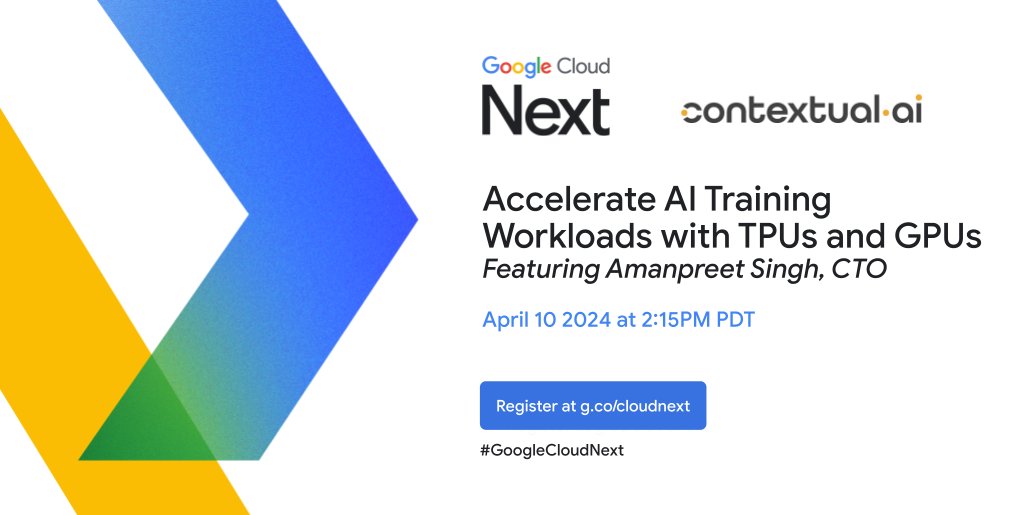 We have the new way to build #enterpriseai with RAG 2.0. Our CTO @apsdehal will be sharing how we accelerate #AI training workloads with @GoogleCloudNext tech. Join the discussion on April 10 → g.co/cloudnext