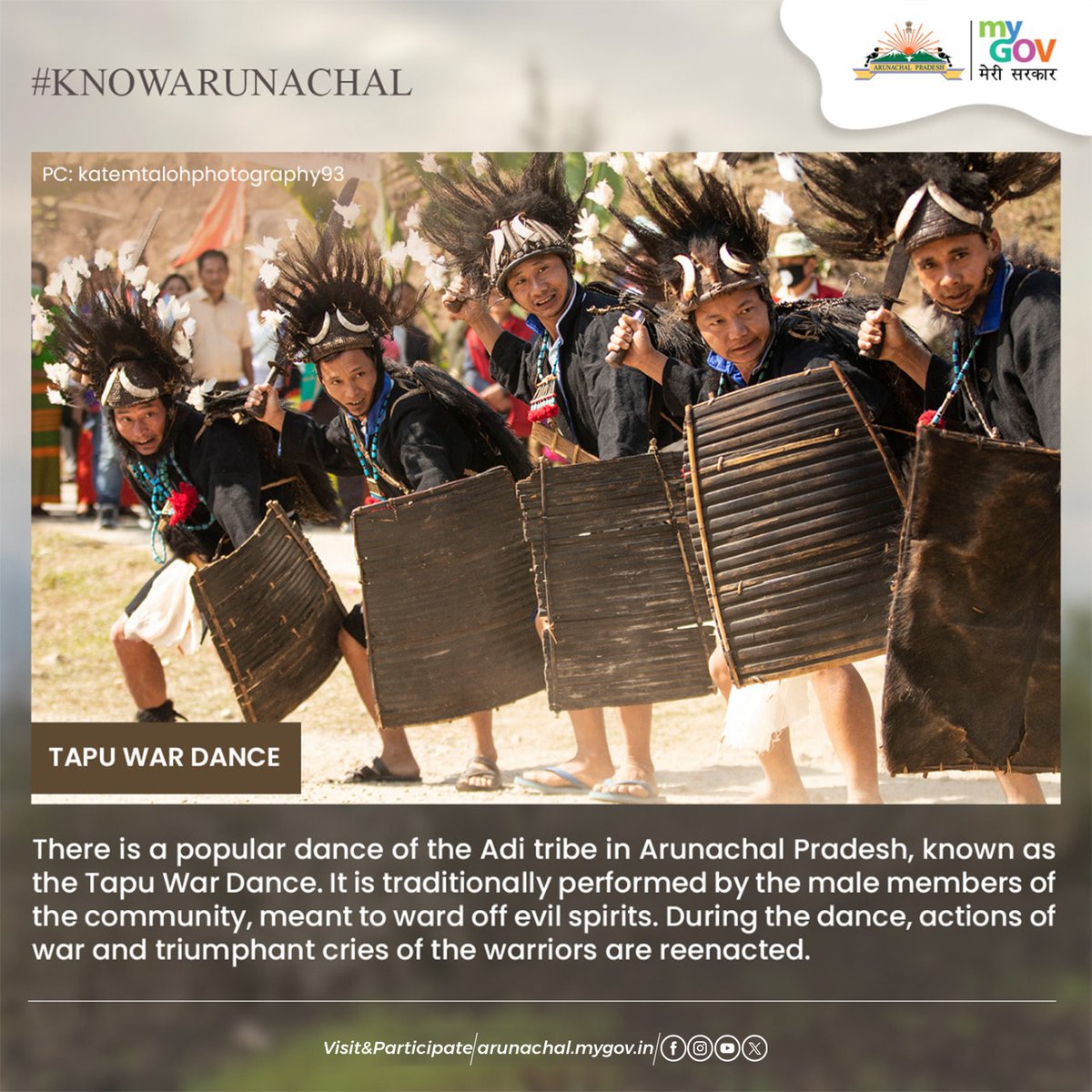 #KnowArunachal The Tapu War Dance, a tradition of the Adi tribe in #ArunachalPradesh, is a vibrant display of energy featuring rhythmic drum beats and chanting. It is performed during the Aran festival, when male family members traditionally go on a hunting spree.