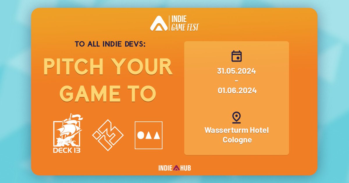 INDIEHubNetwork's tweet photo. 🚀 Submit &amp; Pitch Your Game 🚀

Meet @I3Agency , @Deck13_de &amp; #boldheadinteractive at #IndieGameFest2024. 
Pitch you game &amp; get valuable feedback.

✏️ Register your game here:
https://t.co/GIlQ1E41EW

#indiedev #indiegame #indiegamepitch #gameevent #networking https://t.co/cnvkPRP7ZI