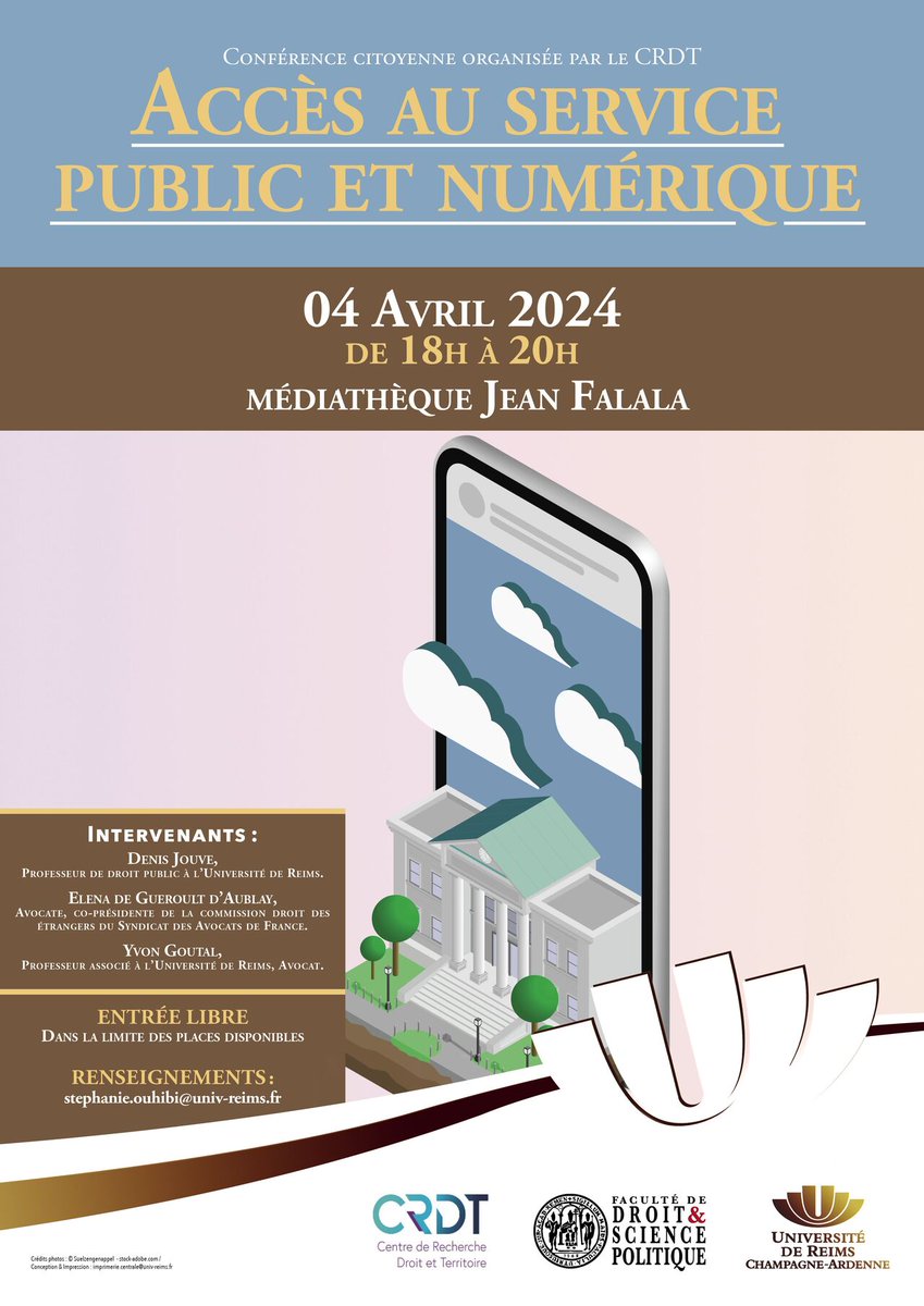 📆Ce jeudi 4 avril aura lieu la conférence citoyenne du CRDT consacrée à la problématique du numérique dans l'accès au service public. 
Rendez-vous à 18h à la médiathèque Jean Falala pour des débats animés par Denis Jouve, en présence d'<a href="/ygoutal/">Yvon Goutal</a> et d'<a href="/lna_dgda/">Eléna de Guéroult d’Aublay</a> !