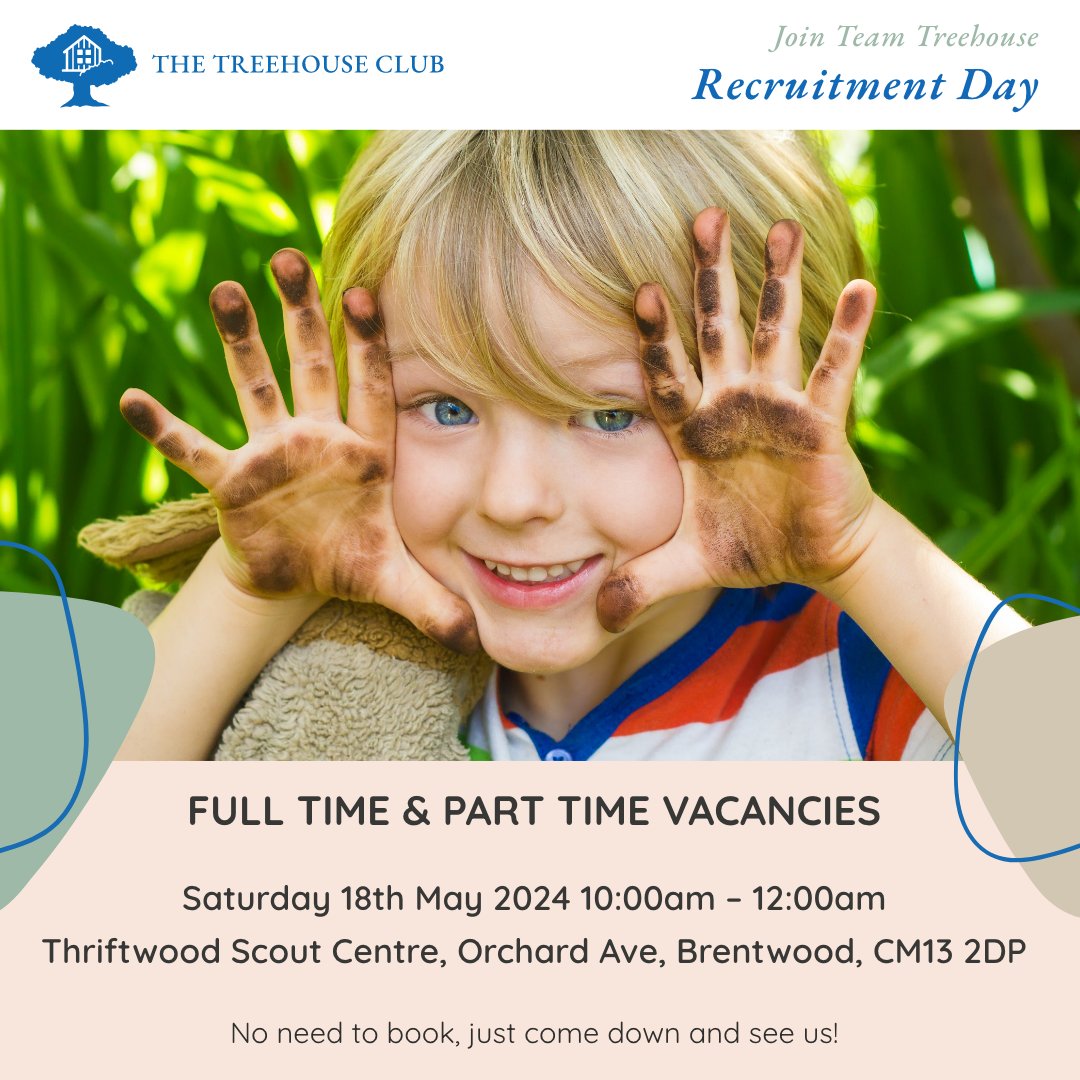 Club_Treehouse's tweet photo. Join Team Treehouse - Recruitment Day

FULL TIME &amp; PART TIME VACANCIES
Come along to our recruitment day &amp; speak to our practitioners about the Treehouse Club

Saturday 18th May 2024 10:00am – 12:00am
Thriftwood Scout Centre, Orchard Ave, Brentwood, CM13 2DP

No need to book https://t.co/ahyzcT2fuf
