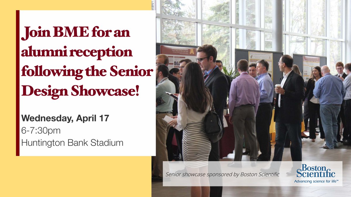 Alumni: Don't forget to register for our 4/17 spring BME alumni reception! Arrive early for the Senior Design Showcase (3:30-6:30pm), where you can interact with undergrads and see their projects. 🔗RSVP: z.umn.edu/bme-alumni-eve… RSVPs by Friday are appreciated.