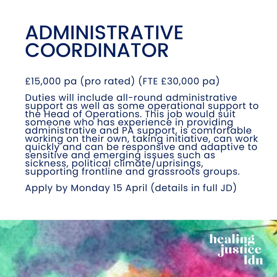 We’re looking for an Administrative Coordinator! Your role will involve all-round administrative support, including maintaining contacts database & managing the team inbox. Is this you or someone you know? Find out more & apply by 15 April 2024👉🏾healingjusticeldn.org/work-with-us/