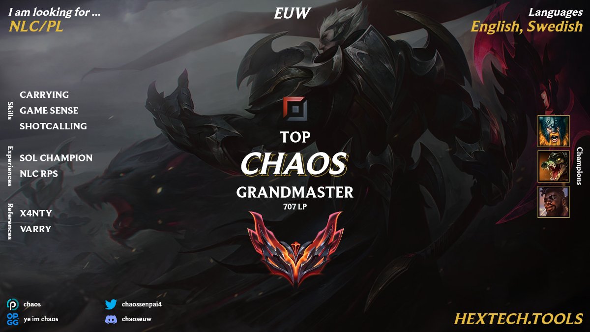 LFT, currently smashing sol div 1 but will be able to compete in summer split open for all offers. 
references: <a href="/x4ntylol/">x4NTY</a> <a href="/Varry_lol/">Varry</a> 
Links:
op.gg/summoners/euw/…
lolpros.gg/player/chaos-1
lol.fandom.com/wiki/Chaos_(Al…