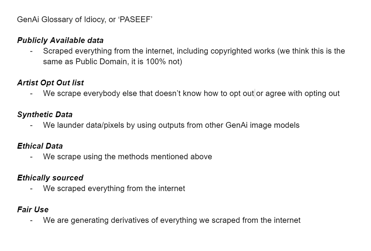 Here's a quick guide for terms that GenAi corpos and their shillers love to throw at us. Here's what they mean. 
Share with literally everyone. 
#GenAi #Ai #CreateDontScrape