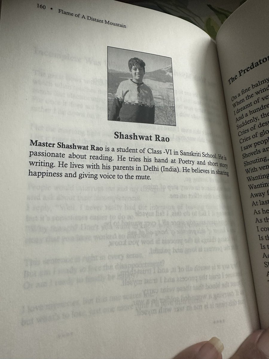 NehaBansal31's tweet photo. Hi everyone. Happy to announce that my son, Shashwat’s poem “the predator” has featured in Thangjam Misna Chanu edited international anthology of poetry “ Flame of a distant mountain”. Needless to say, he is ecstatic. Incidentally my two poems have featured in the book as well. Sharing the pics of the book and the poem. You can buy the book here : https://t.co/E5pw2DreWi