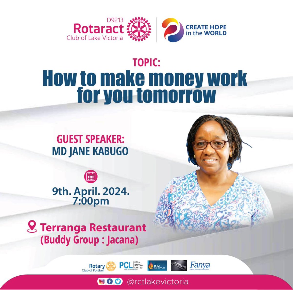 RicOkello's tweet photo. Next Tuesday 

Money Talks with Rotaractor MD Jane Nankabirwa Kabugo 

@RCSunriseKla 
@rctlakevictoria 

#VicTuesdays #RCPortBellAt30 #FunSoca24 https://t.co/ETV8pKn3QP