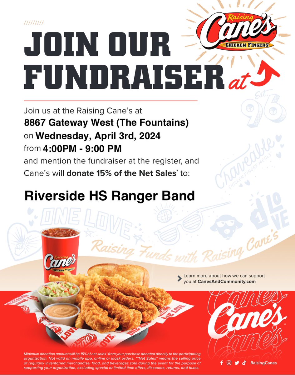 Come join us for dinner tonight at Raising Cane’s in the Fountains Shopping Center from 4-9pm. Be sure to mention the fundraiser before you pay. Thank you!!! @YISDFineArts @Ranger_StuCo @Gerardo91805608 @RiversideEleme2 @RiversideMS1971 @TMESWranglers @Riverside_4ever