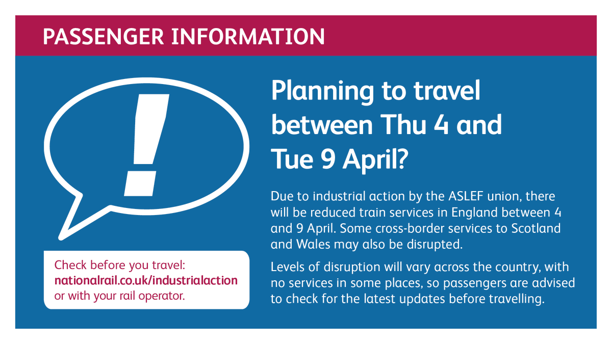 ❓Are you planning to travel over the next few days? ⚠️Please be aware that there will be a reduced service on some routes because of industrial action ➡️Passengers are advised to check with @nationalrailenq before travelling