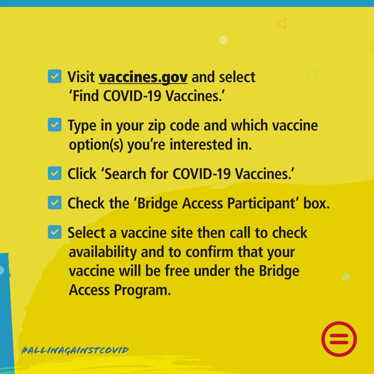 Make sure to visit vaccine.gov or call the COVID-19 Vaccine Hotline at 1-800-232-0233 if you have questions. #AllinAgainstCOVID